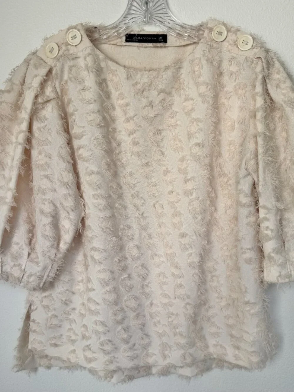 Zara Cream Jacquard Fringed Top Size M